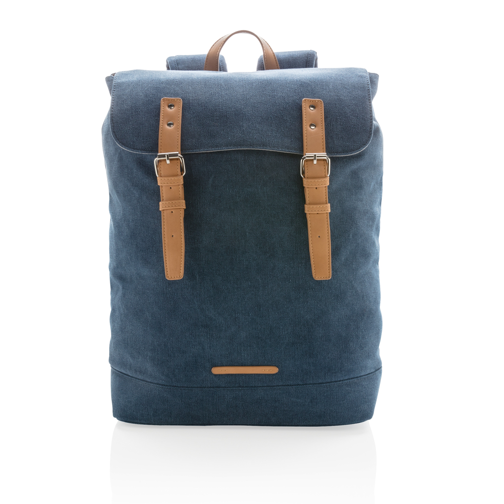Rucksack, Jeansstoff, Canvas, braune Riemen, oberer Griff
