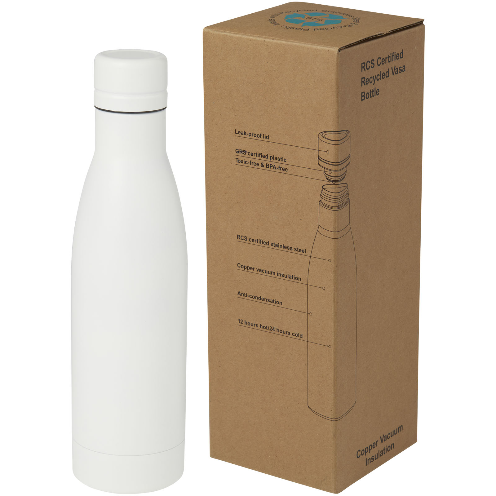 Wasserflasche, Vakuumflasche, Edelstahl, Weiß, Isolierung, Edelstahlflasche, Vakuumisolierung, dichtheitsdeckel, weiße Flasche, recycelte Kartonbox