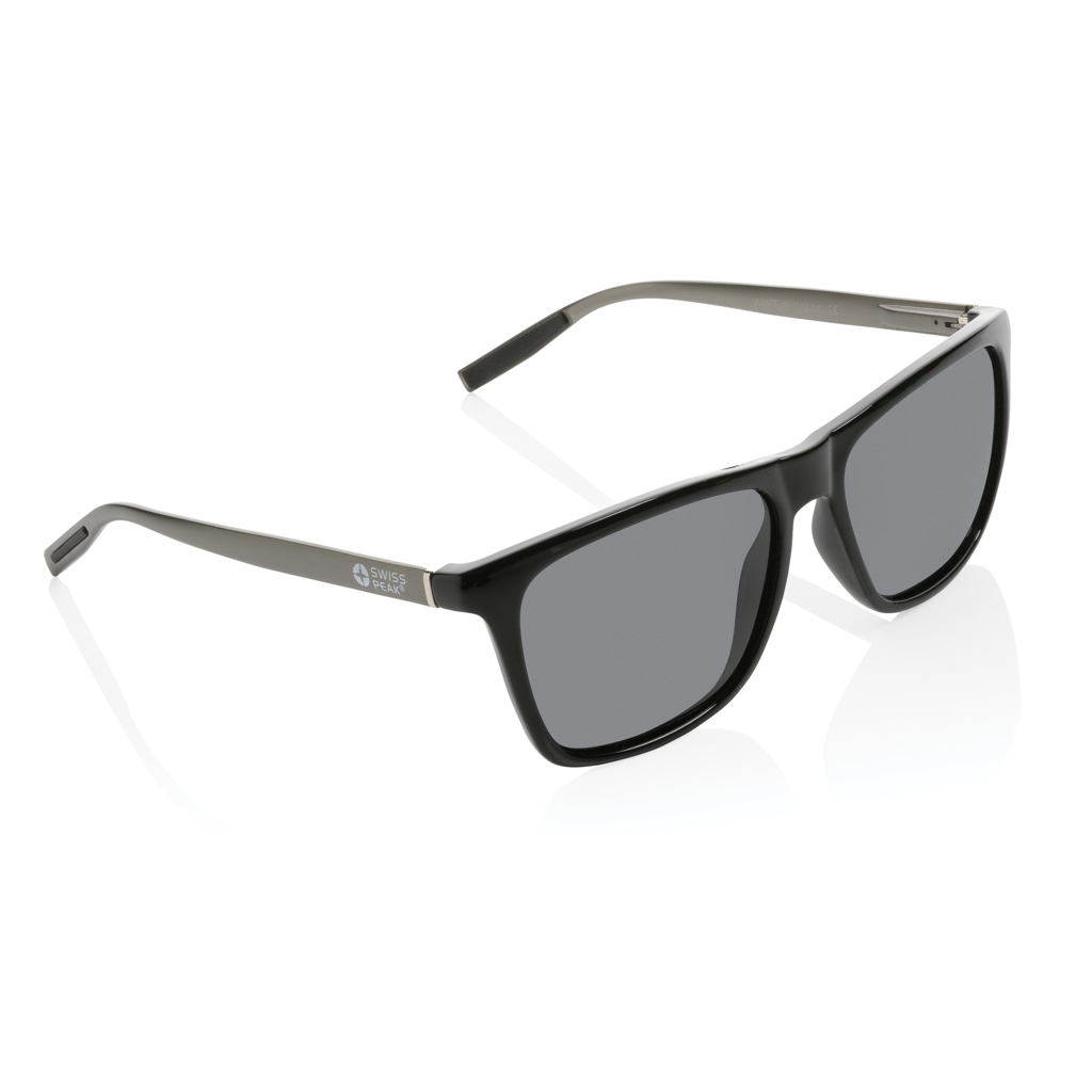 Sonnenbrille, schwarze Rahmung, graue Gläser, schlanke Scharniere, Flach-Design