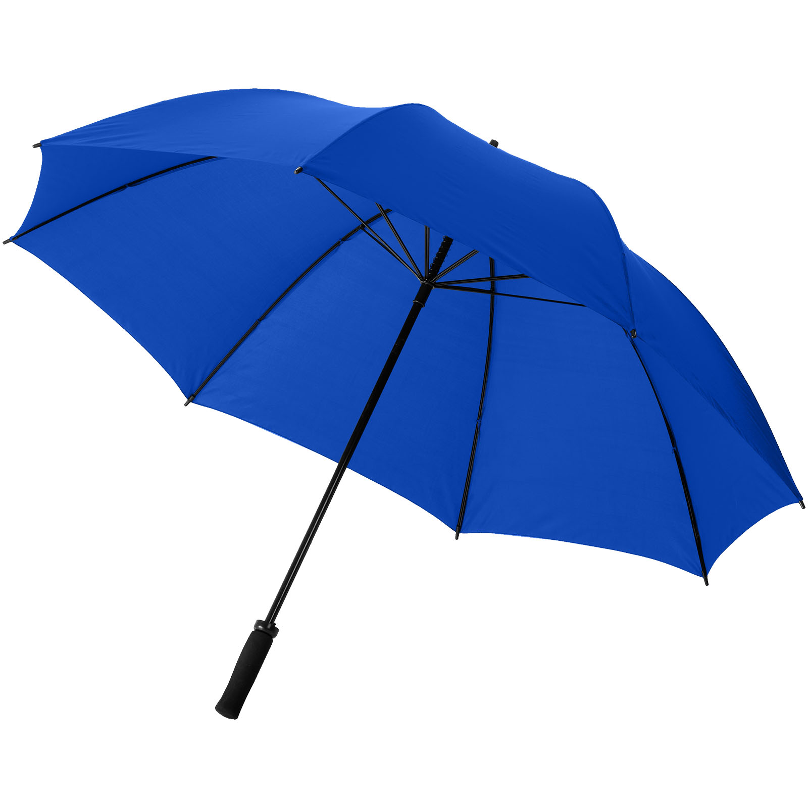 Regenschirm, Blauer Bezug, Schwarzgestell, Gebogener Griff, Pongegriff, Regenschirm, Schirm, Kunststoff, Blau, Faltbar, Regenschirm, Blauer Regenschirm, Faltbarer Regenschirm, Schirm mit Griff, Schirmrahmen