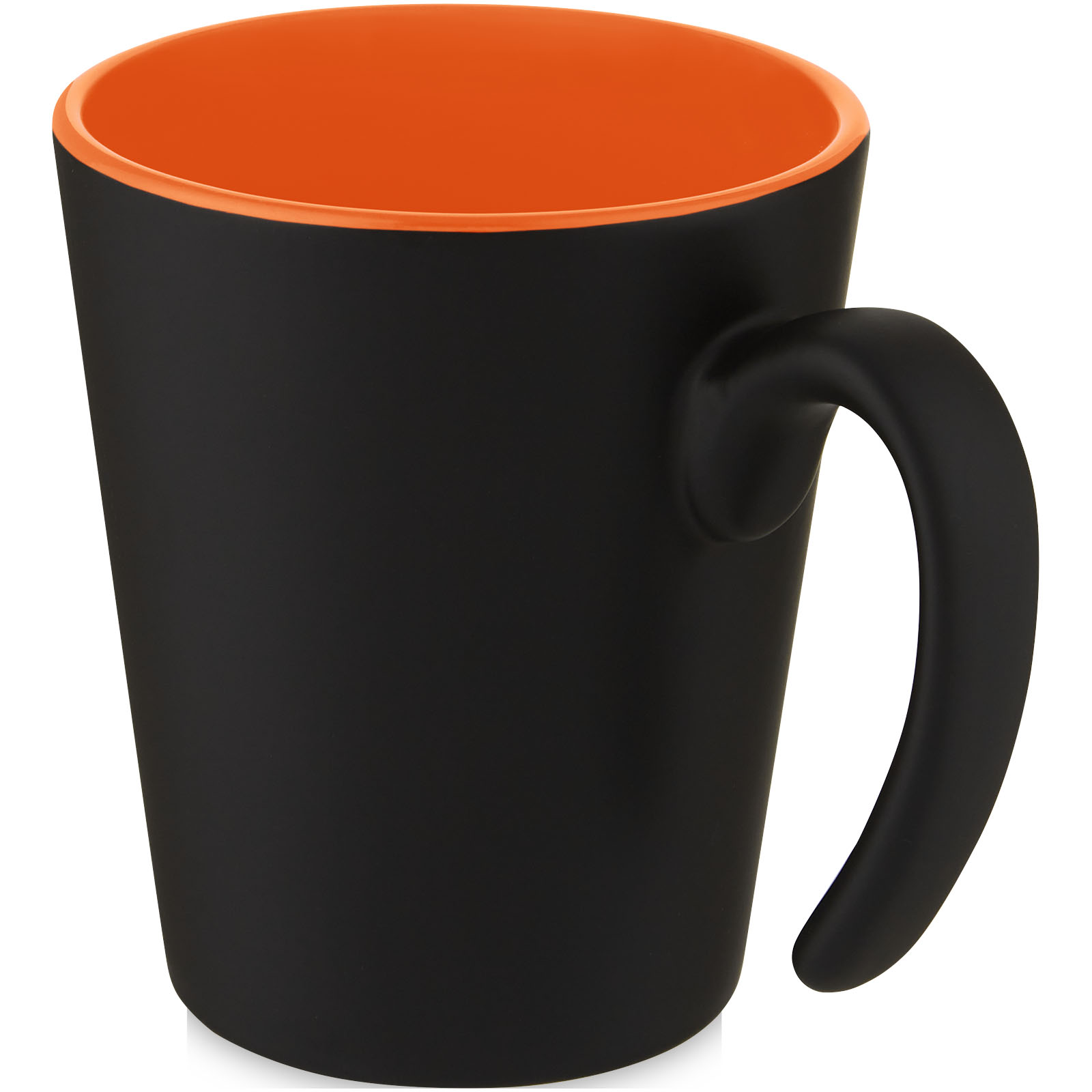 Becher, Kaffeebecher, schwarz außen, orange Innenfarbe, Griff