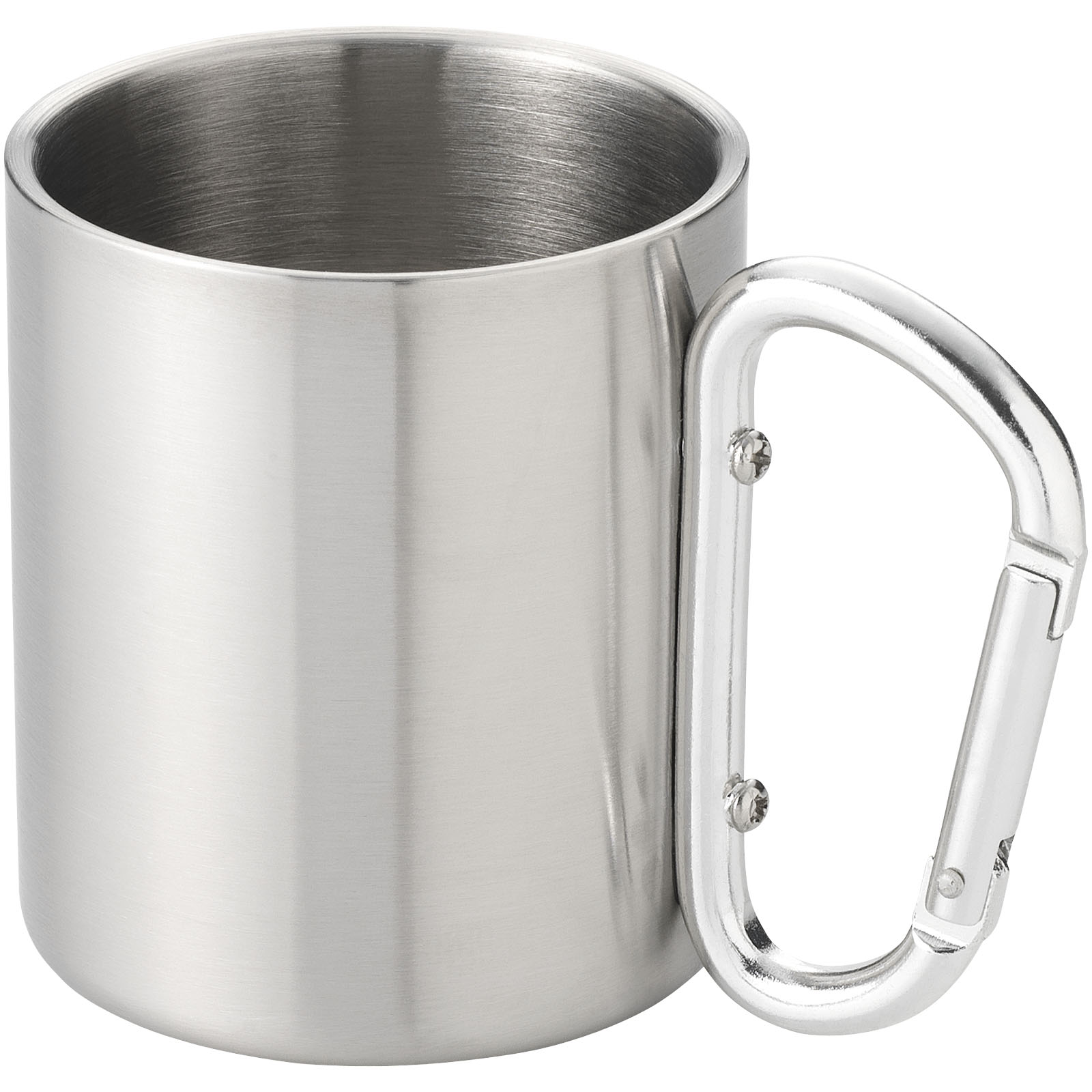 Edelstahlbecher, Thermobecher, Kaffeebecher, Karabinerhaken, matt-silbern, stahlbecher, aluminiumbecher, carabinerhaken, edelstahl, mug, Tasse, Messbecher, Edelstahl, Milchkaffee-Becher, Kapsel-Design