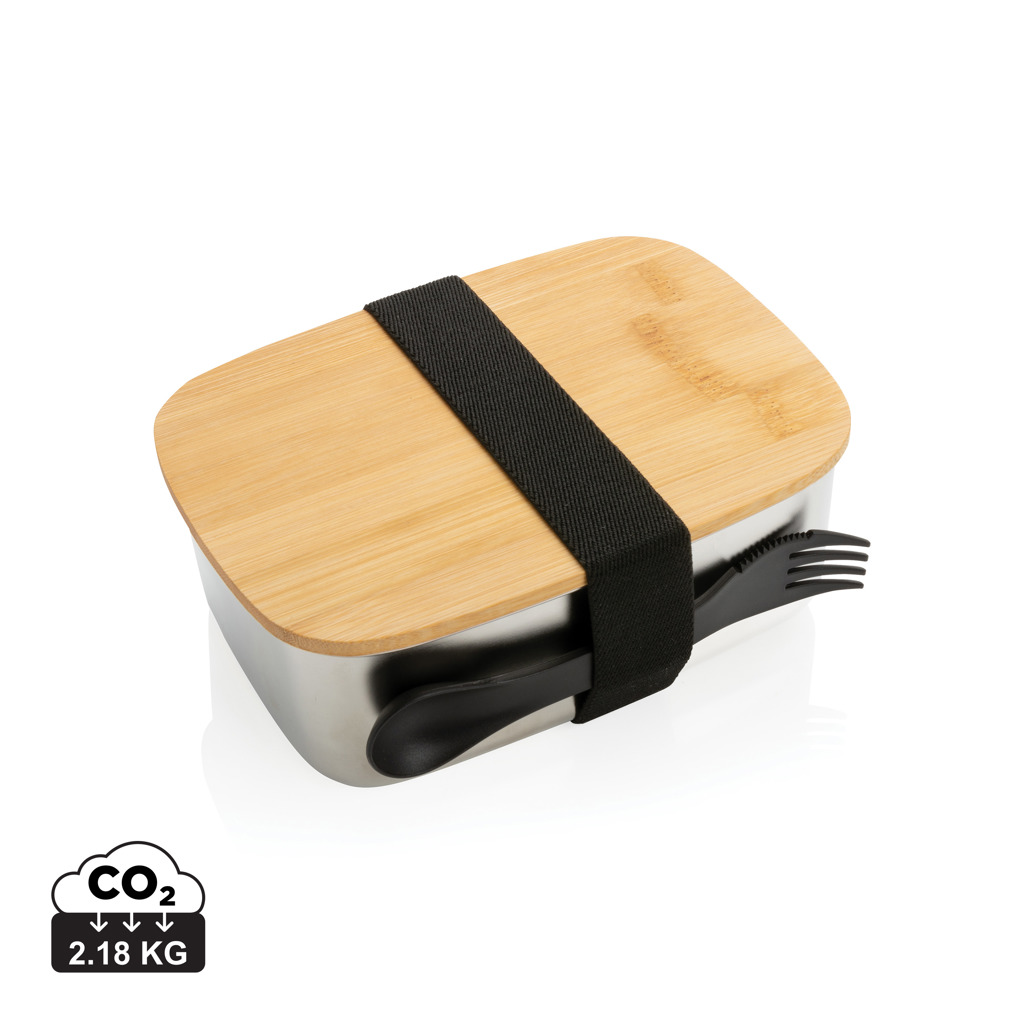 Besteck, Gabel,  lunch box, bento, wood lid, folding utensil, strap case, Lunchbox, Bento, Holzdeckel, Stahlbox, Tragegurt, Lunchbox, Bambusdeckel, Besteck im Set, Bento-Box, CO2-neutral 2,18 kg