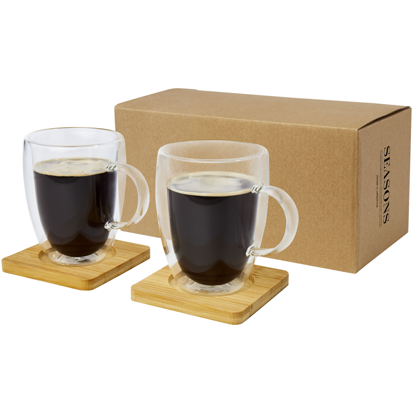 Glasbecher, Doppelbecher, Kaffeetasse, Holzuntersetzer, Set aus 2
