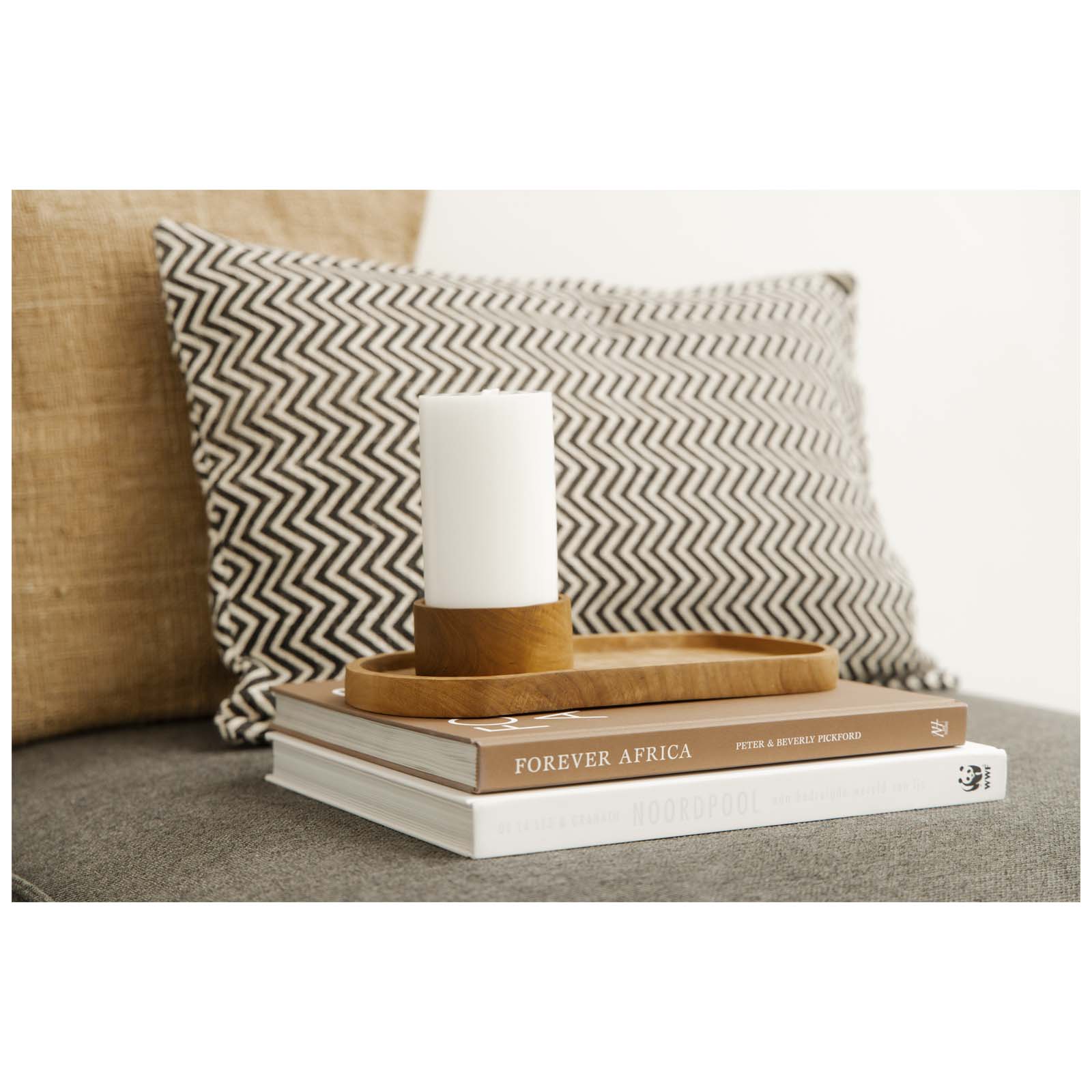 Kissen, Kerze, Buch, Dekoration, Holztablett