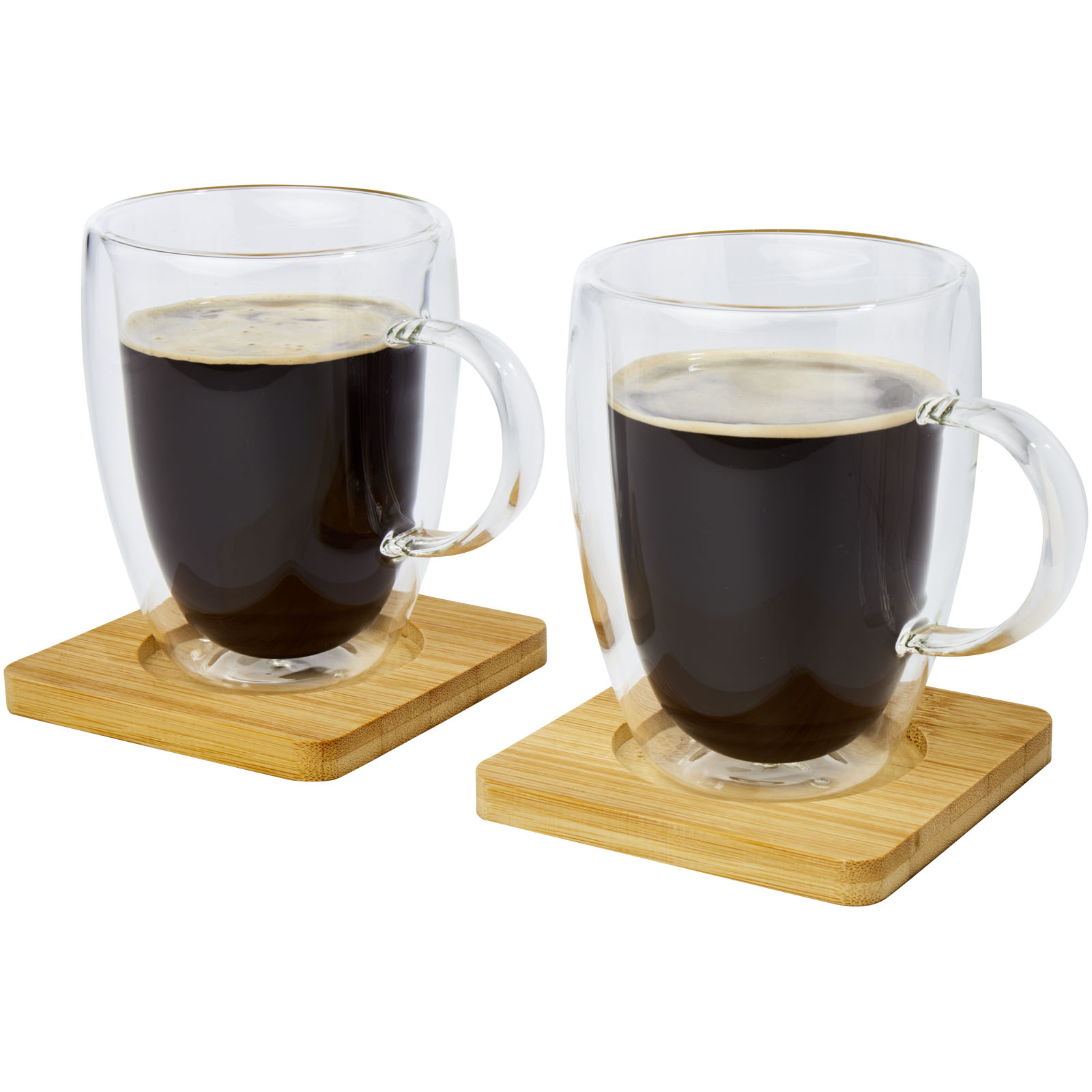 Kaffeetassen, Glas, Doppelset, Holzunterlage, Becher