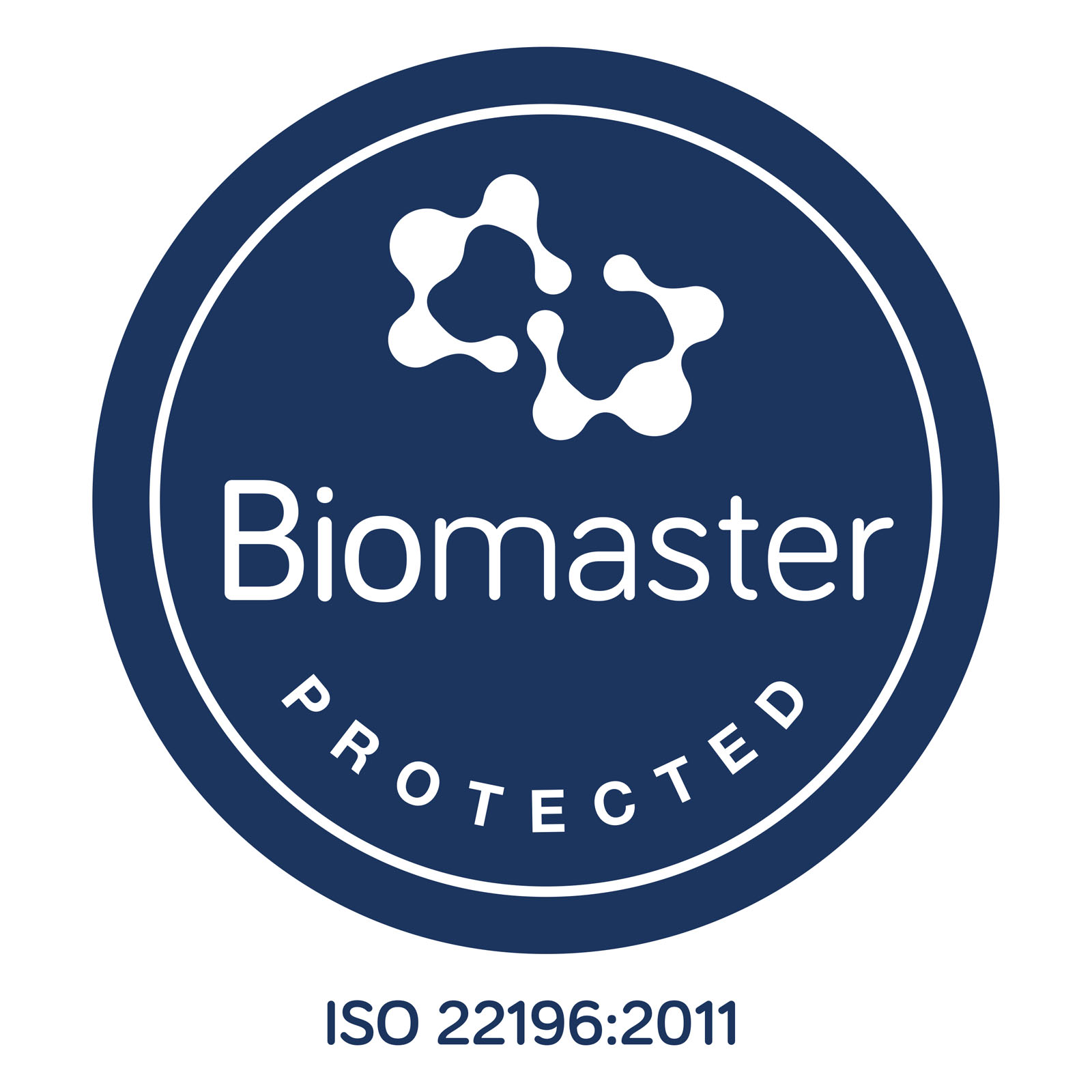 Biomaster, geschützt, Logo, blauer Kreis, ISO 22196:2011