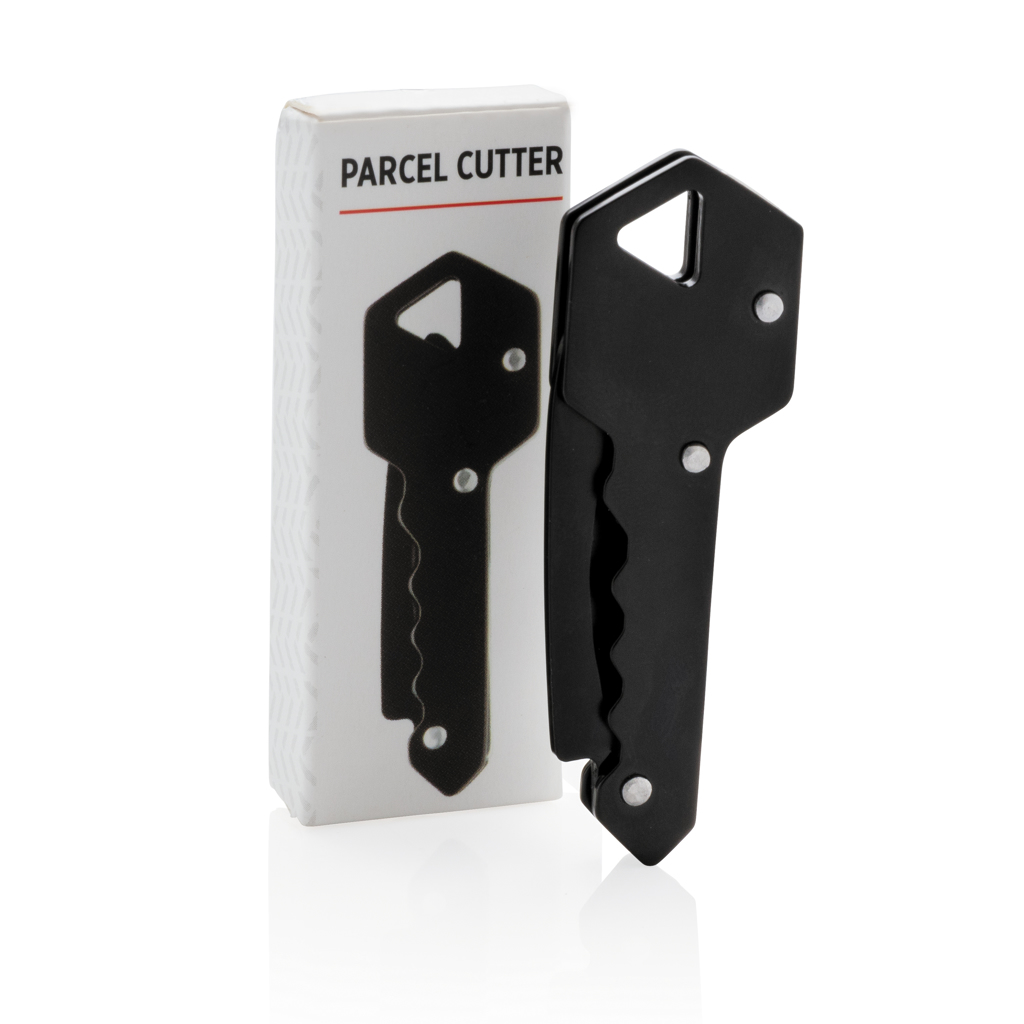 Gerät, parcel cutter, schlüssel, schwarz, klappbar, kartonmesser, Parcel Cutter, Multifunctional Tool, Schwarz, Faltmesser, Verpackungswerkzeug, Paketmesser, Mehrzweckwerkzeug, faltbarerKlinge, schwarz, Verpackungsschachtel