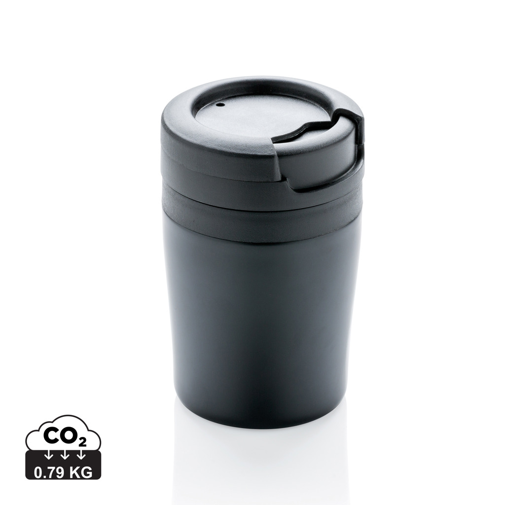 Reisebecher, Thermobecher, Schwarz, Deckelbecher, CO2 0,79 kg, Reisebecher, Thermos, Schwarz, auslaufsicher, CO2 0.79kg, Thermobecher, Travel mug, Koppverschluss, Doppelwandig, Ko2 0.79kg, Thermobecher, To-Go-Becher, Schwarz, Klickdeckel, 0.79 kg CO2